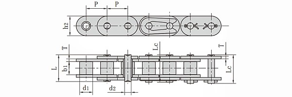 Metric C10B Simplex Straight Side Roller Chain dimension chart