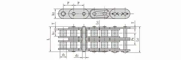 Metric C10B Duplex Straight Side Roller Chain dimension chart
