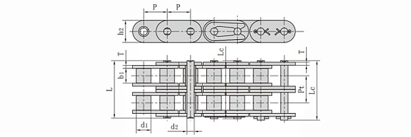 Metric C16B Duplex Straight Side Roller Chain dimension chart