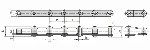 Metric C208B Double Pitch Conveyor Chain dimension chart