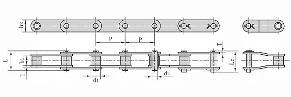 Metric C212BSS Double Pitch Conveyor Chain dimension chart