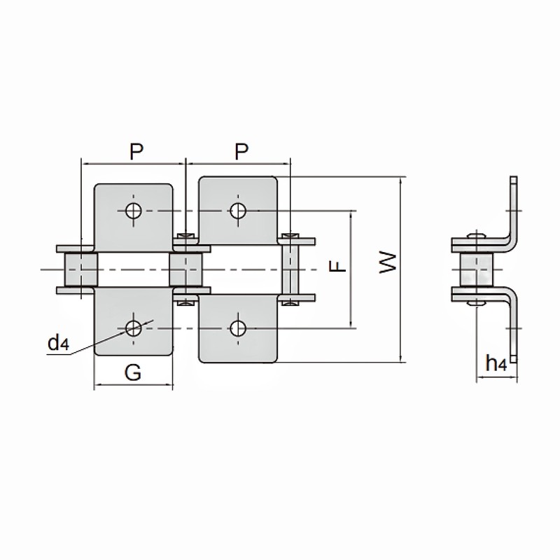 Double Pitch Conveyor Chains with K1 Attachments Dimension Chart