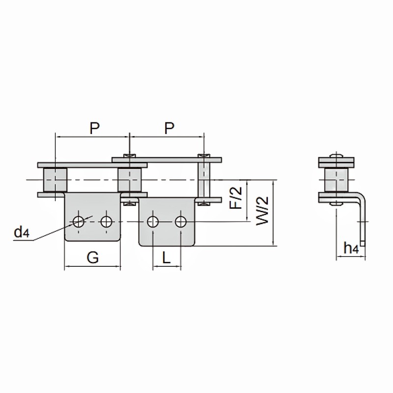 Double Pitch Conveyor Chains with A2 Attachments Dimension Chart