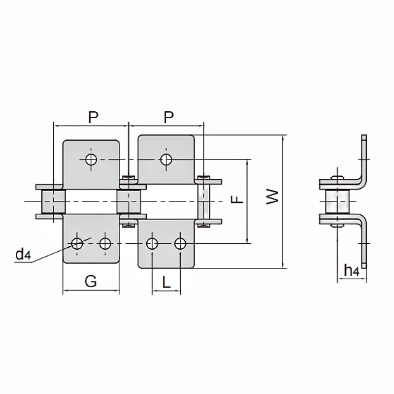 Double Pitch Conveyor Chains with K2 Attachments Dimension Chart