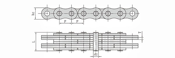 Leaf chain dimension drawing showing pitch P, pin diameter d2, width over pins b2 and overall length L