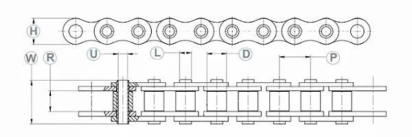 Metric 08B Hollow Pin Roller Chain dimension chart