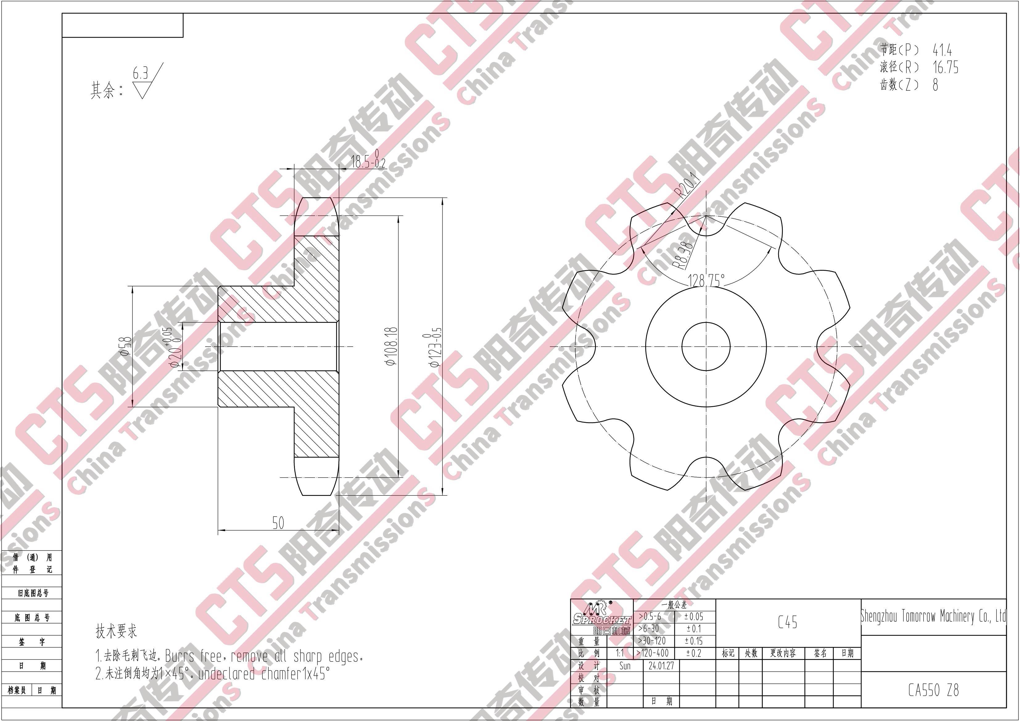 CA550 Z8 Chain Sprockets Dimensions Chart