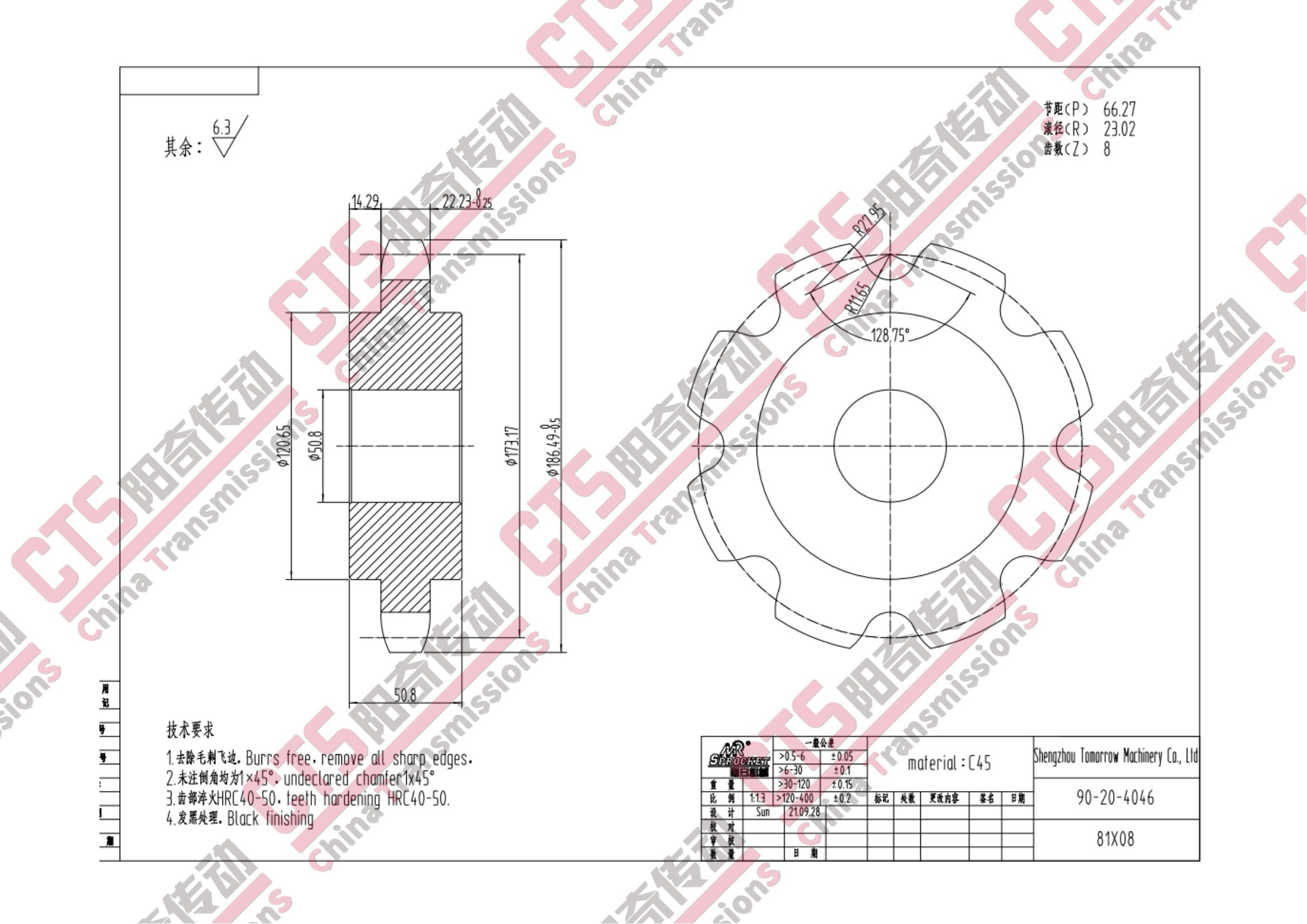 81X Conveyor Chain Sprockets Dimension Chart