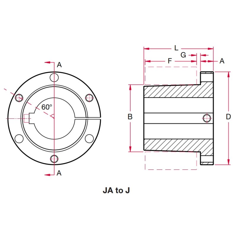 QD bushing dimension chart for the JA through J types