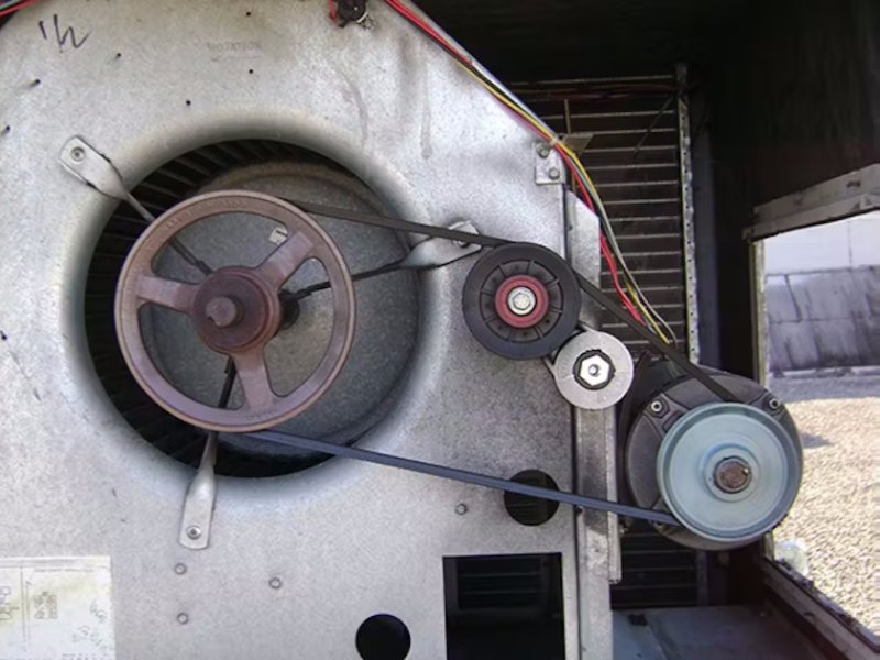 Belt-driven sheaves and fan drive on industrial equipment