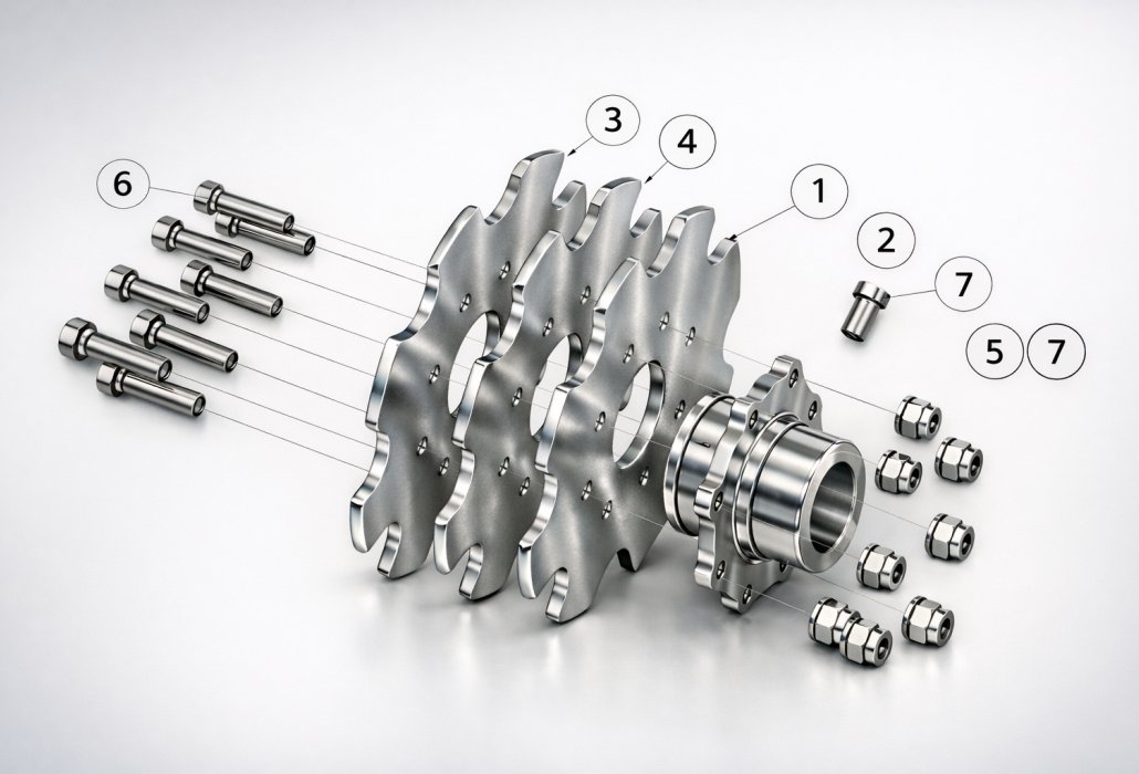 Exploded view of a chain sprocket assembly mounted with a QD bushing