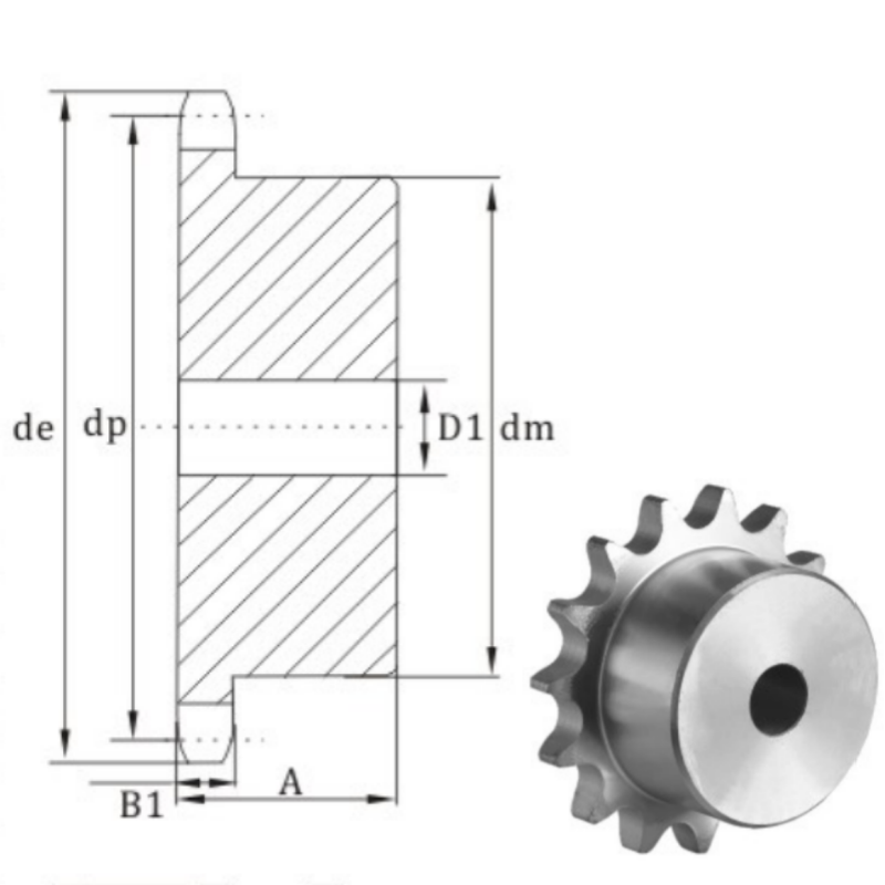 25B plain bore stainless steel sprocket dimension chart