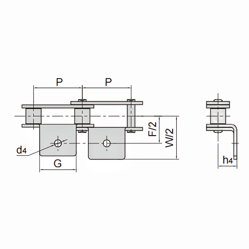 Double Pitch Conveyor Chains with A1 Attachments Dimension Chart