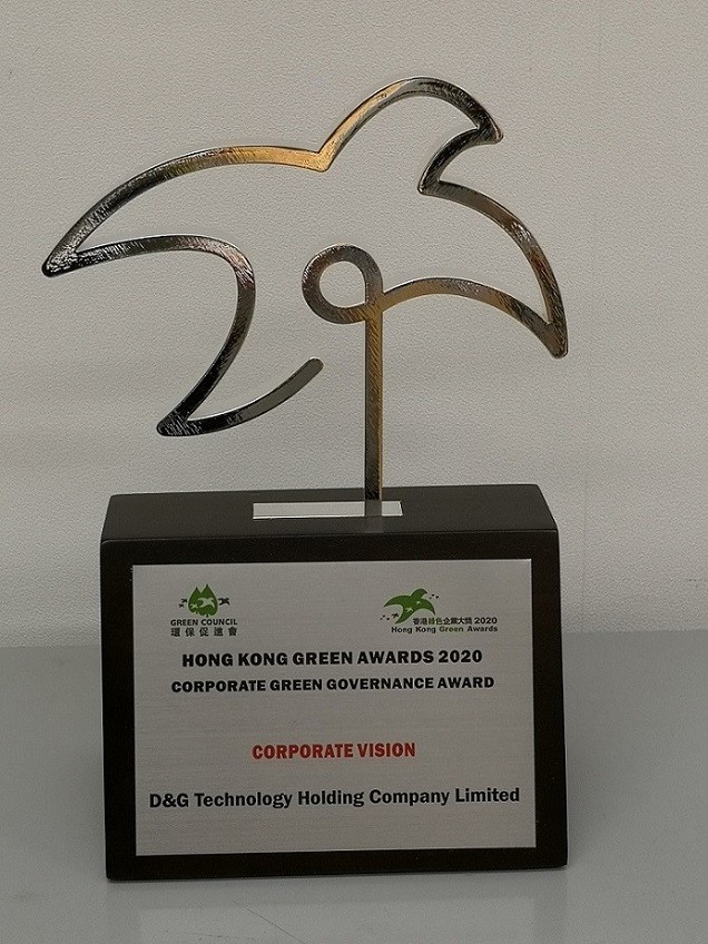 The trophy of Hong Kong Green Awards 2020 – Corporate Green Governance Award (Corporate Vision)
