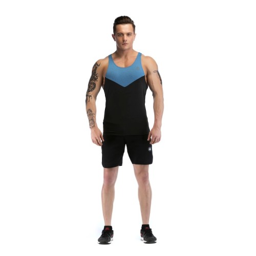 Custom Mens Workout Tank Tops With Dark Blue Neckline Gymwear Supplier