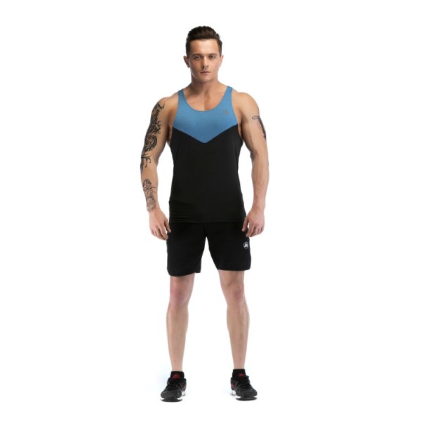 Custom Mens Workout Tank Tops With Dark Blue Neckline Gymwear Supplier