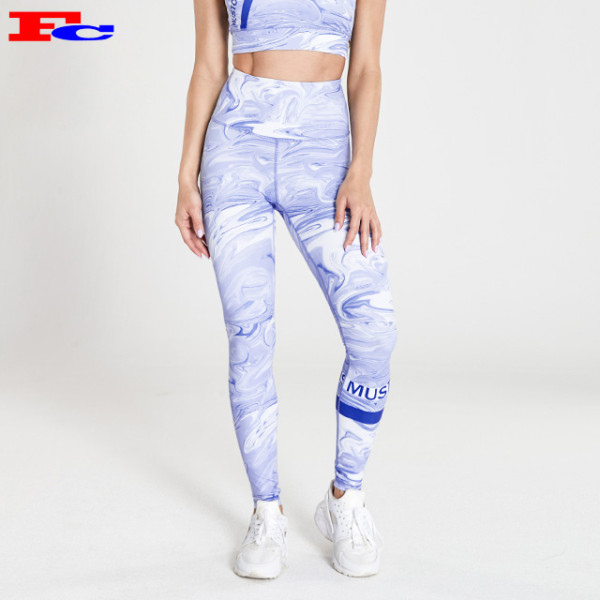 Blue And White Printed Fitness Leggings Wholesale