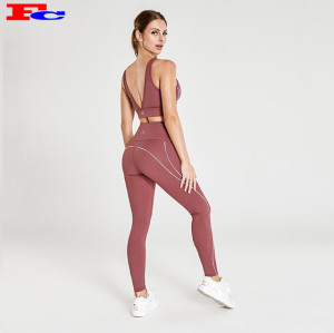 Grossisti di abbigliamento fitness leggings a vita alta con scollo a V marrone rossastro