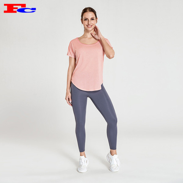 Wholesale Workout Clothes Light Pink T-Shaped Mesh Back T-Shirt And Dark Gray Leggings
