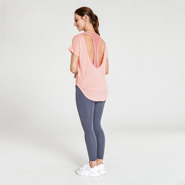 Wholesale Workout Clothes Light Pink T-Shaped Mesh Back T-Shirt And Dark Gray Leggings