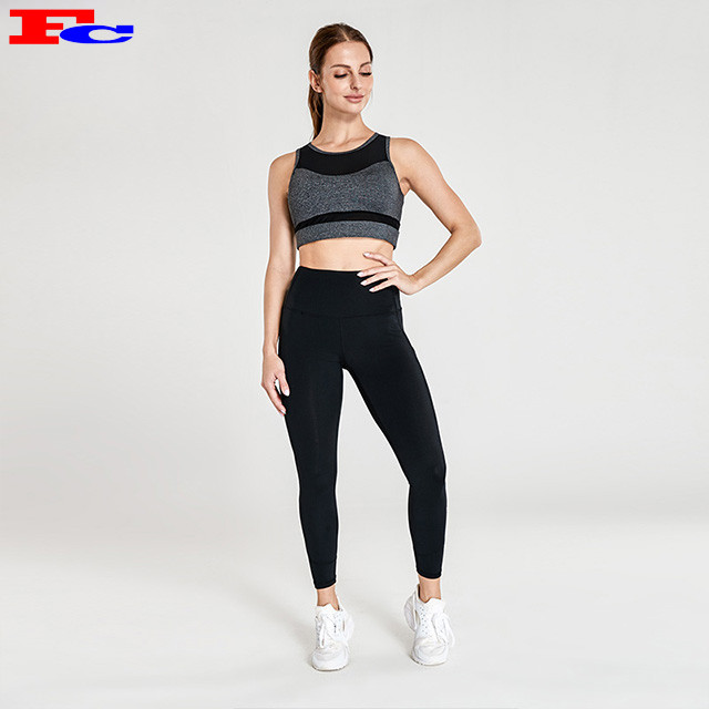 Wholesale Fitness Clothing With Gray Top And Black Leggings Fitness Clothing Hucai