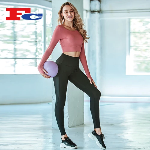 Haut dos nu à manches longues Big V et leggings classiques Vêtements de yoga à la mode