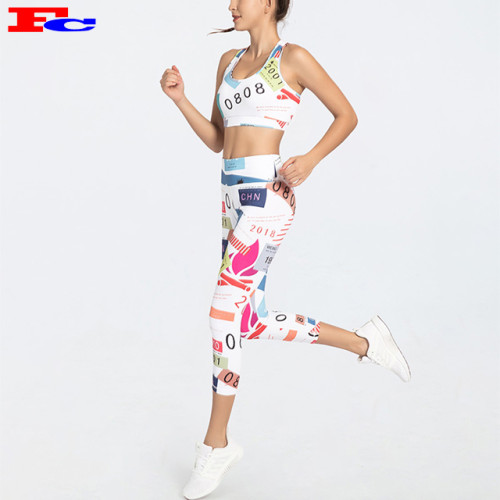 Abbigliamento fitness a compressione stampato traspirante in due pezzi per donna