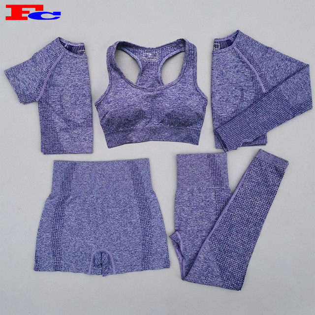 Wholesale Ladies Stretchy Seamless 5 Piece fitness Set Workout Fashion Trends