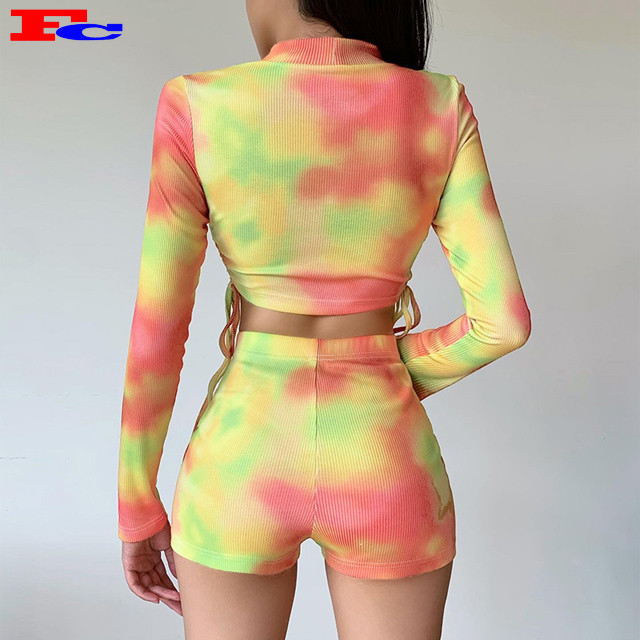 OEM Custom Tie Dye Shorts Set Gym Clothes For Women