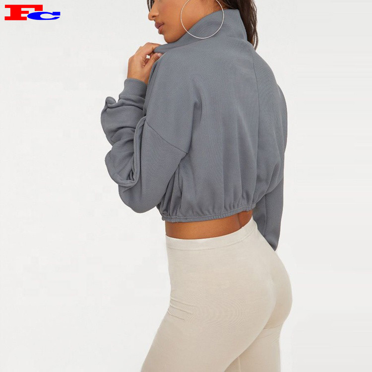 Custom Grey Rib Zip Front High Neck Long Sleeve Crop Top Buy Hoodies In Bulk