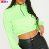 Neon Lime Rib Zip Front Long Sleeve Crop Top Sweater  Cheap Hoodies Wholesale