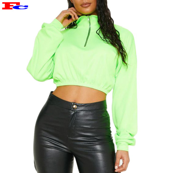 Neon Lime Rib Zip Front Long Sleeve Crop Top Sweater Cheap Hoodies Wholesale