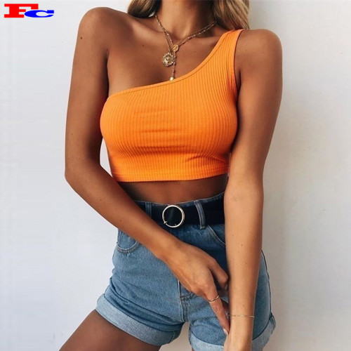 Ladies One Shoulder Sexy High Support Ultra Soft Ribbed Knit Sport Bra Tank