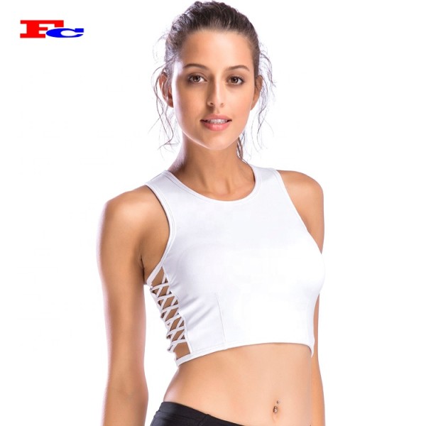 Custom Moisture Wicking Ladies Ribbed Crop Fitness Tank Top With Built In Bra