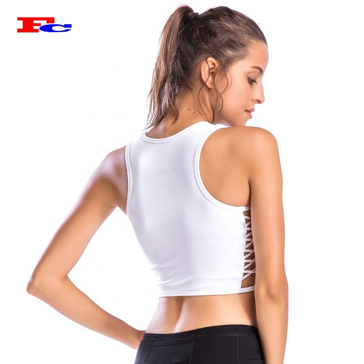 Custom Moisture Wicking Ladies Ribbed Crop Fitness Tank Top With Built In Bra