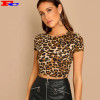Wholesale Ladies T Shirts Custom Summer Breathable Short Sleeve Sexy Leopard Crop