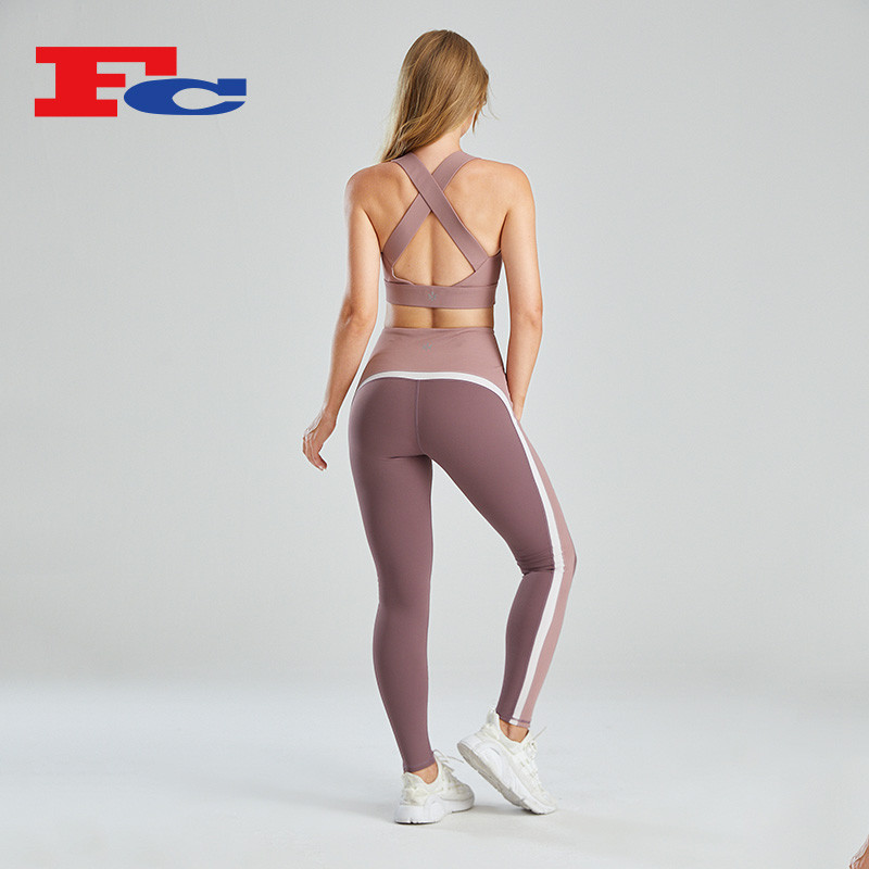 Dusty plum cross-back sports bra and matching leggings with contrast side stripe for a fall set family