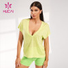 ODM Super Deep V Neck T-shirt Women Yoga Linen Fabric Short Sleeve Manufacturer