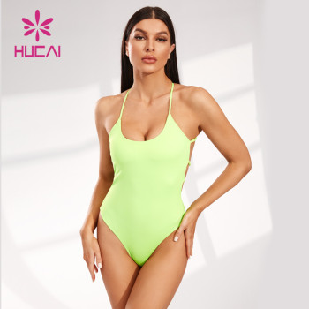 Custom Cross-shoulder Halter Swimsuit Bright Green Swimmwear Factory Supplier