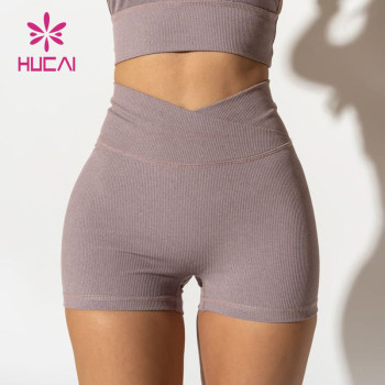 HUCAI Custom Logo High Waist Overcross Front Waist Women Short Leggings Garment Factory