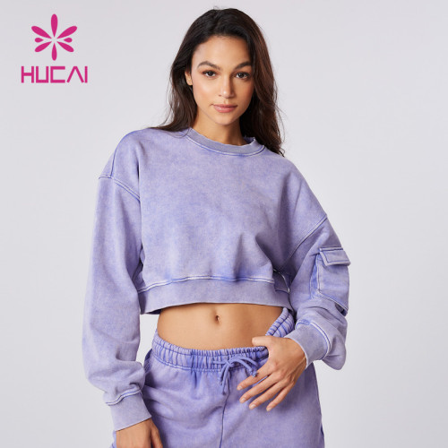 HUCAI ODM Custom Washed Sweatshirts Crop Top Long Sleeve Yogawear Supplier