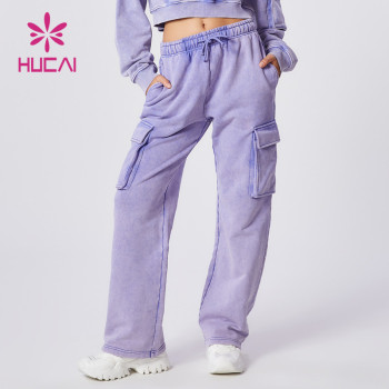 HUCAI ODM Washed Joggers Cargo Pocket Women Lavender Sports Sweatpants Factory