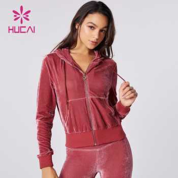 HUCAI OEM Velvet Fabric Jacket Short Version Sports Full Zipper Crop Top Factory