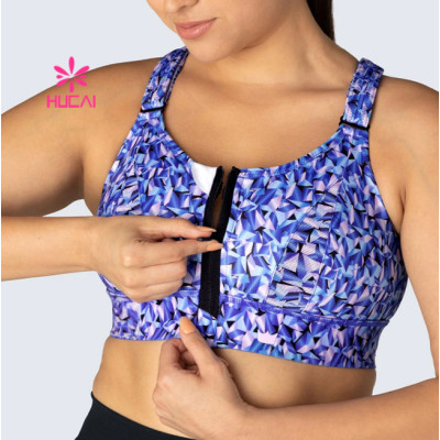HUCAI OEM ODM Private Label Sports Bras Cross Strappy Zip Design Spotswear