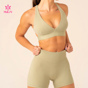 HUCAI Custom Low V-neck Women Sexy Sports Bra Gymwear Fitness Apparel Manufacturer