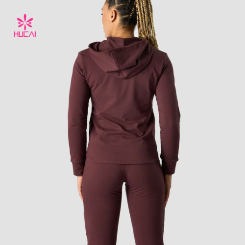 HUCAI Custom Front Zipper Hoodie with Pockets Side Slits for Women China Supplier