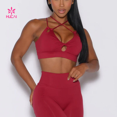 HUCAI Great Quality Teardrop Cutout Design Sport Bras Double Side Straps for Women
