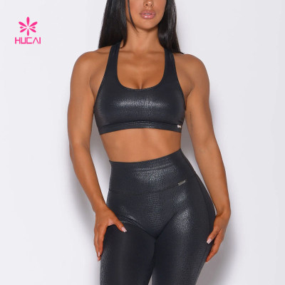 HUCAI Great Quality Shiny Black Sports Bra Racerback Elastic Fitness for Women
