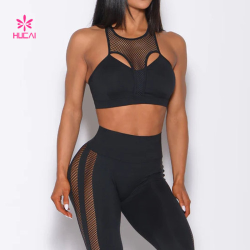 HUCAI Great Quality Mesh Contrast Sports Bra Racerback Supportive Elastic Fitness for Women