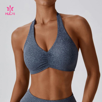 HUCAI Popular Ruched Front Sports Bra Halter Neckline 2024 China Manufacturer
